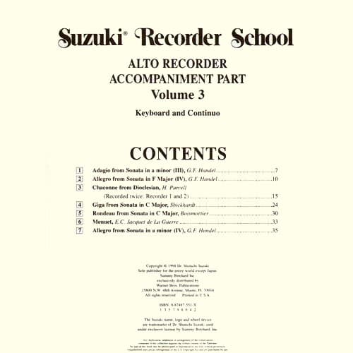 Suzuki Recorder School Piano Accompaniment, Volume 3, Alto