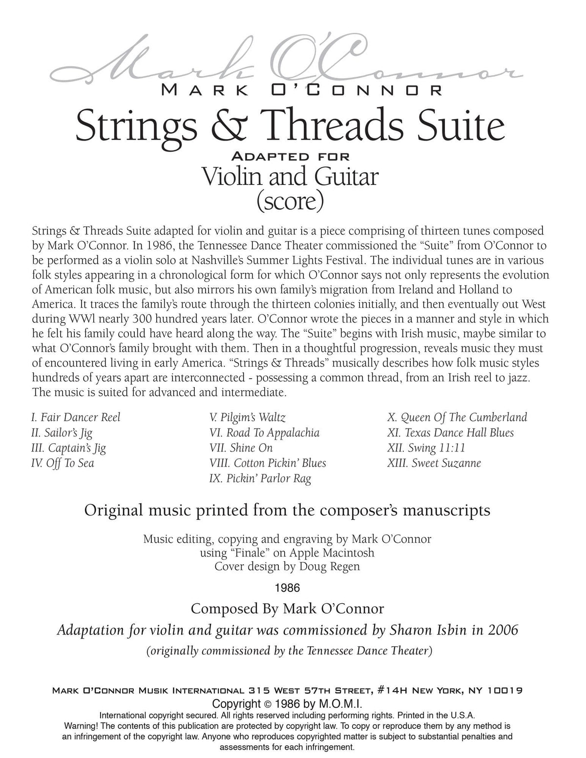 O'Connor, Mark - Strings & Threads Suite for Violin and Guitar - Score - Digital Download