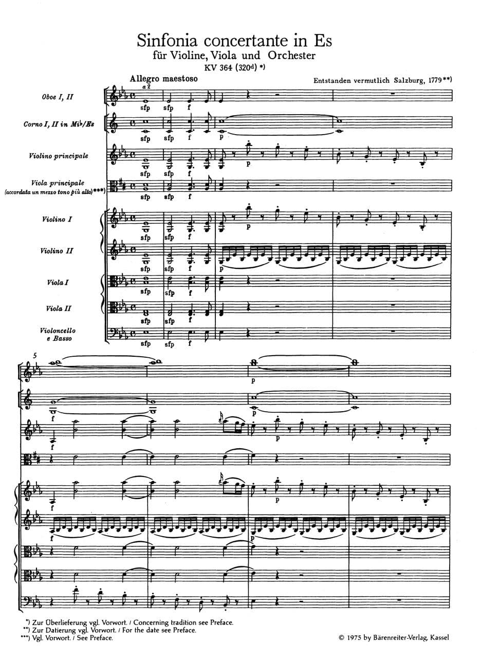 Mozart, WA - Sinfonia Concertante in E-flat Major for Violin, Viola, and Orchestra, K 364 - Study Score - Barenreiter URTEXT