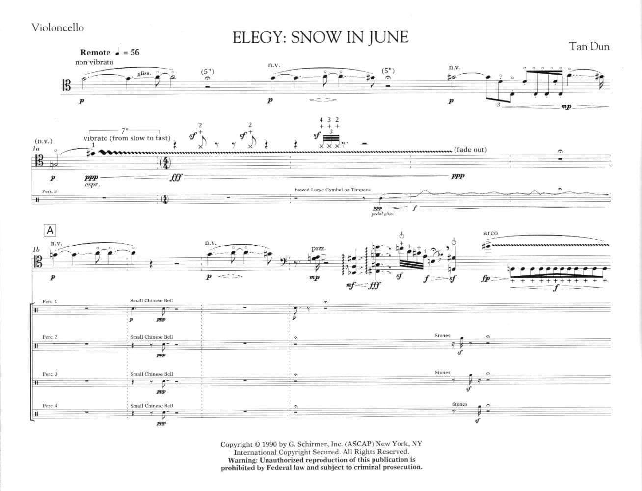 Dun, Tan - Elegy: Snow In June - Concerto for Cello and 4 Percussionists - Score and Parts - G Schirmer Edition