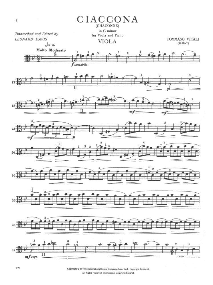 Vitali - Chaconne in g For Viola & Piano Published by International Music Company