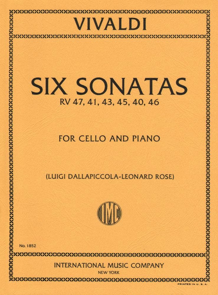 Vivaldi, Antonio - Six Sonatas F XIV Nos 1-6 For Cello and Piano Edited by Leonard Rose Published by International Music Company