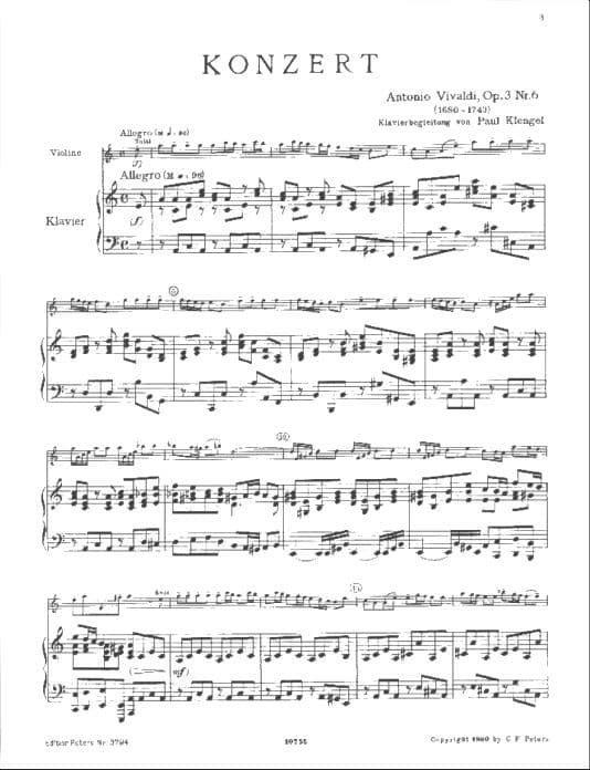 Vivaldi, Antonio - Violin Concerto in A Minor, Op 3 No 6, RV 356 - Violin and Piano - edited by F Kuchler - Peters