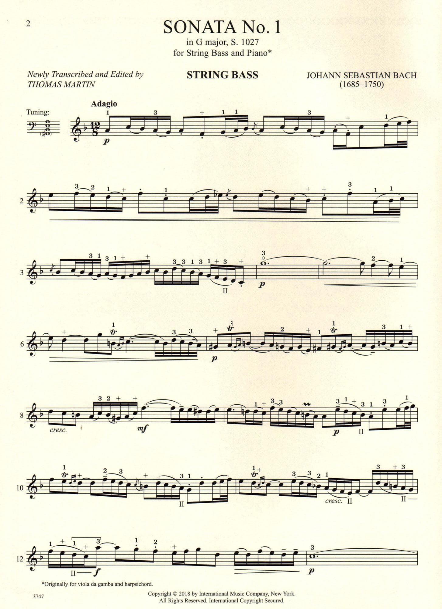 Bach, J.S. - Sonata No. 1 in G Major, S. 1027 - Bass and Piano - edited by Thomas Martin - International Edition