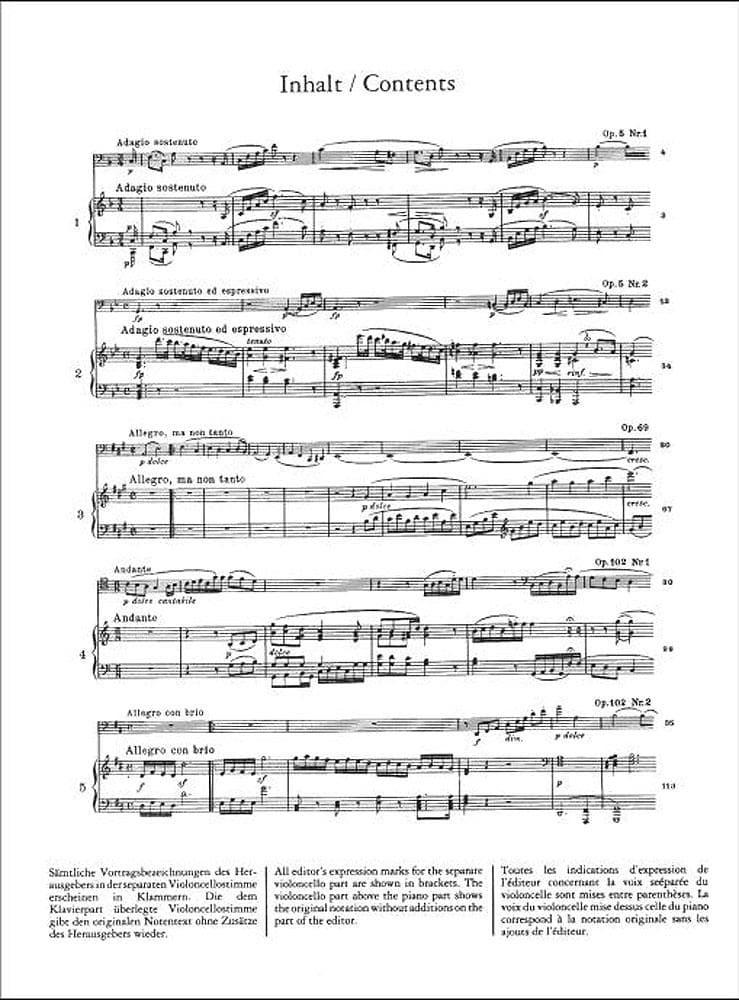 Beethoven, Ludwig - Sonatas Op 5 - 69 -102 for Cello and Piano - Arranged by Schulz - Peters Edition