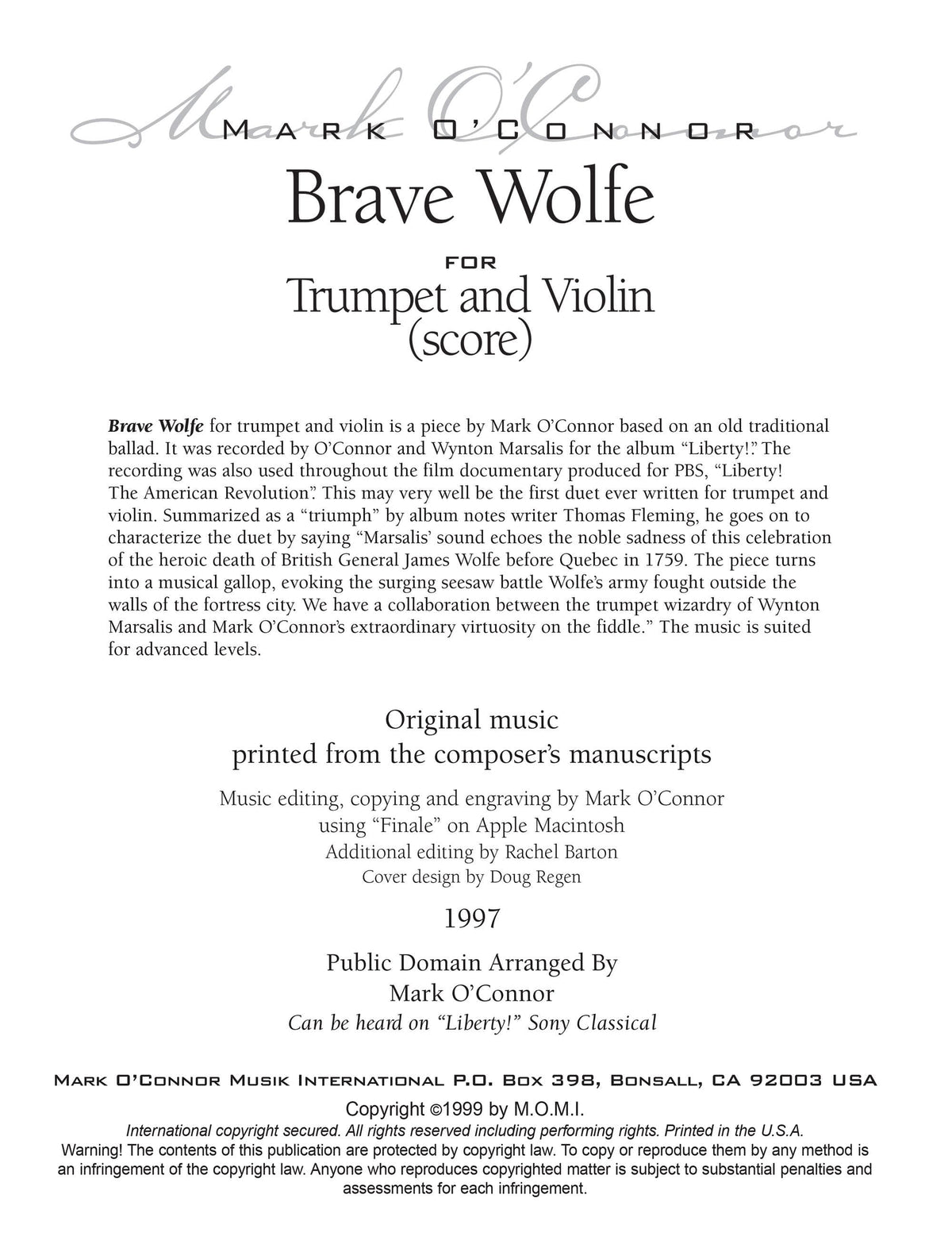 O'Connor, Mark - Brave Wolfe for Trumpet and Violin - Score - Digital Download