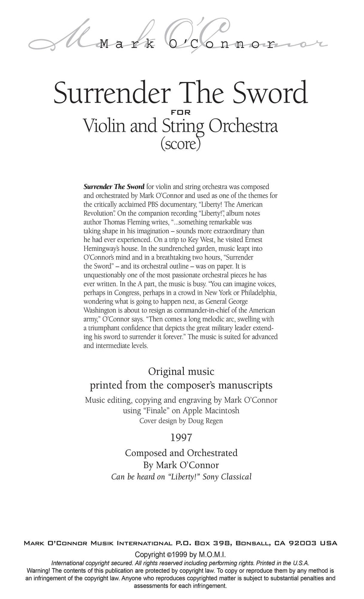 O'Connor, Mark - Surrender The Sword for Violin and String Orchestra - Score - Digital Download