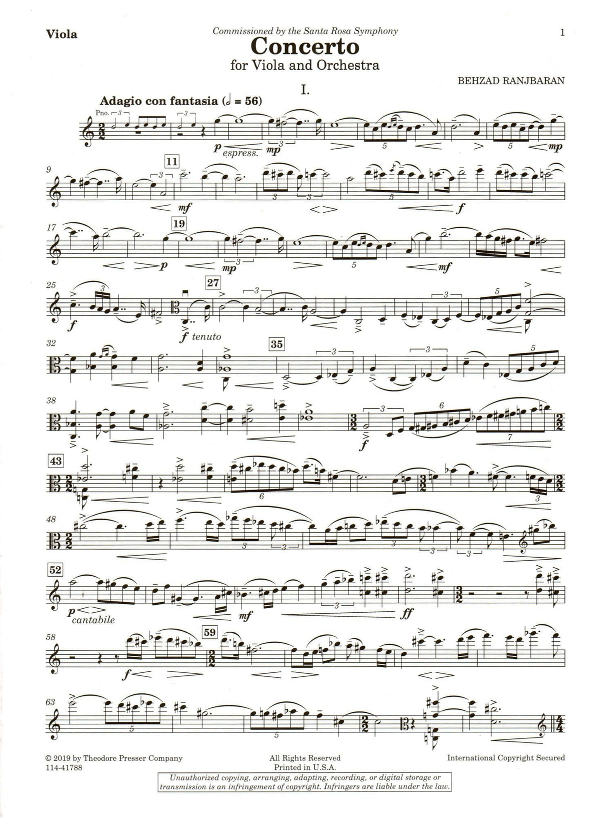 Ranjbaran, Behzad - Concerto for Viola and Orchestra - for Viola and Piano - Theodore Presser