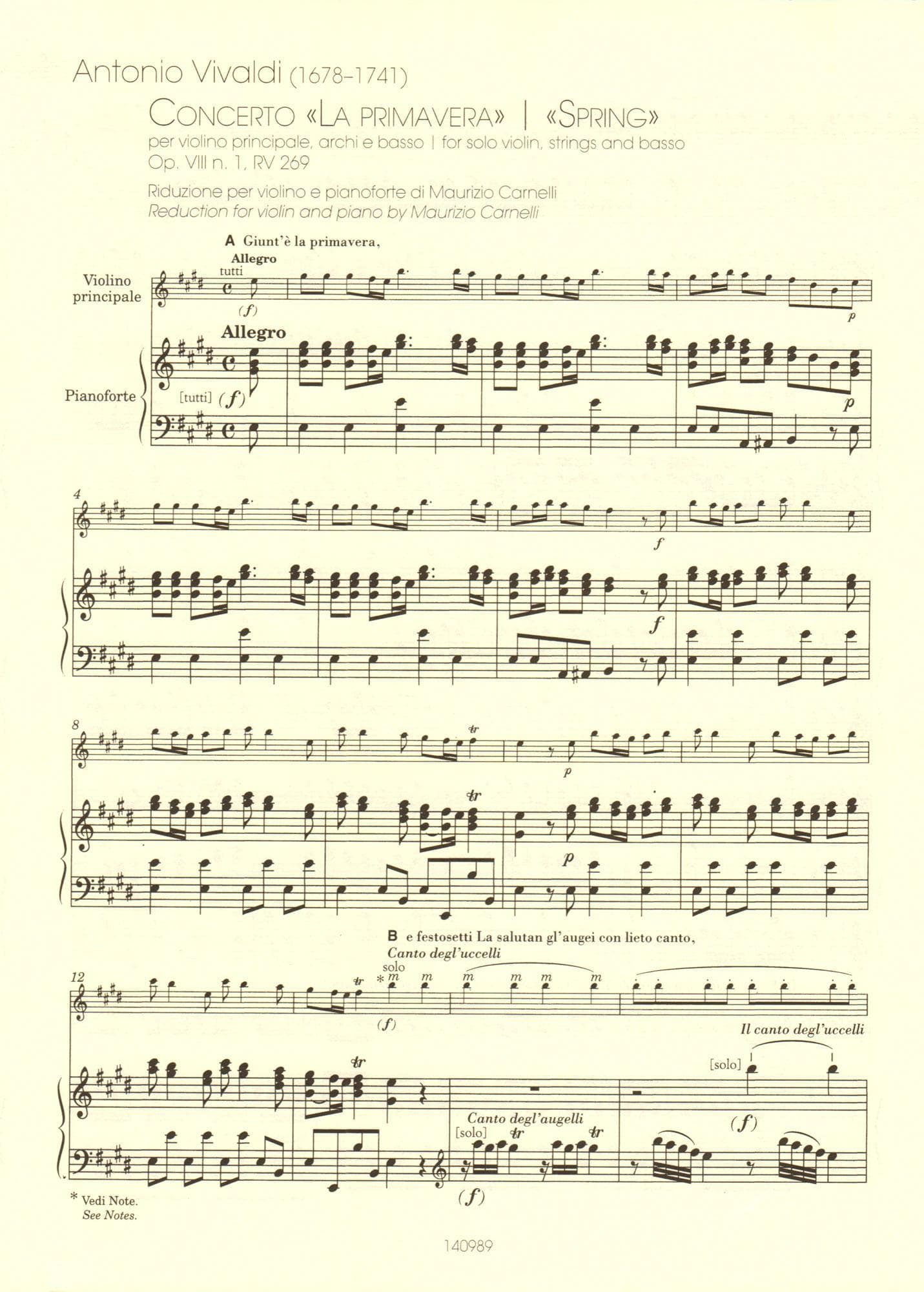Vivaldi, Antonio - The Four Seasons (Complete) - for Violin and Piano - reduction by Maurizio Carnelli - Ricordi
