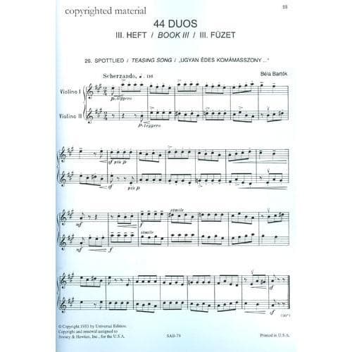 Bartók, Béla - 44 Duets, Volume 2 (Nos 26-44) - Two Violins - revised by Peter Bartók (1992) - Boosey & Hawkes Edition