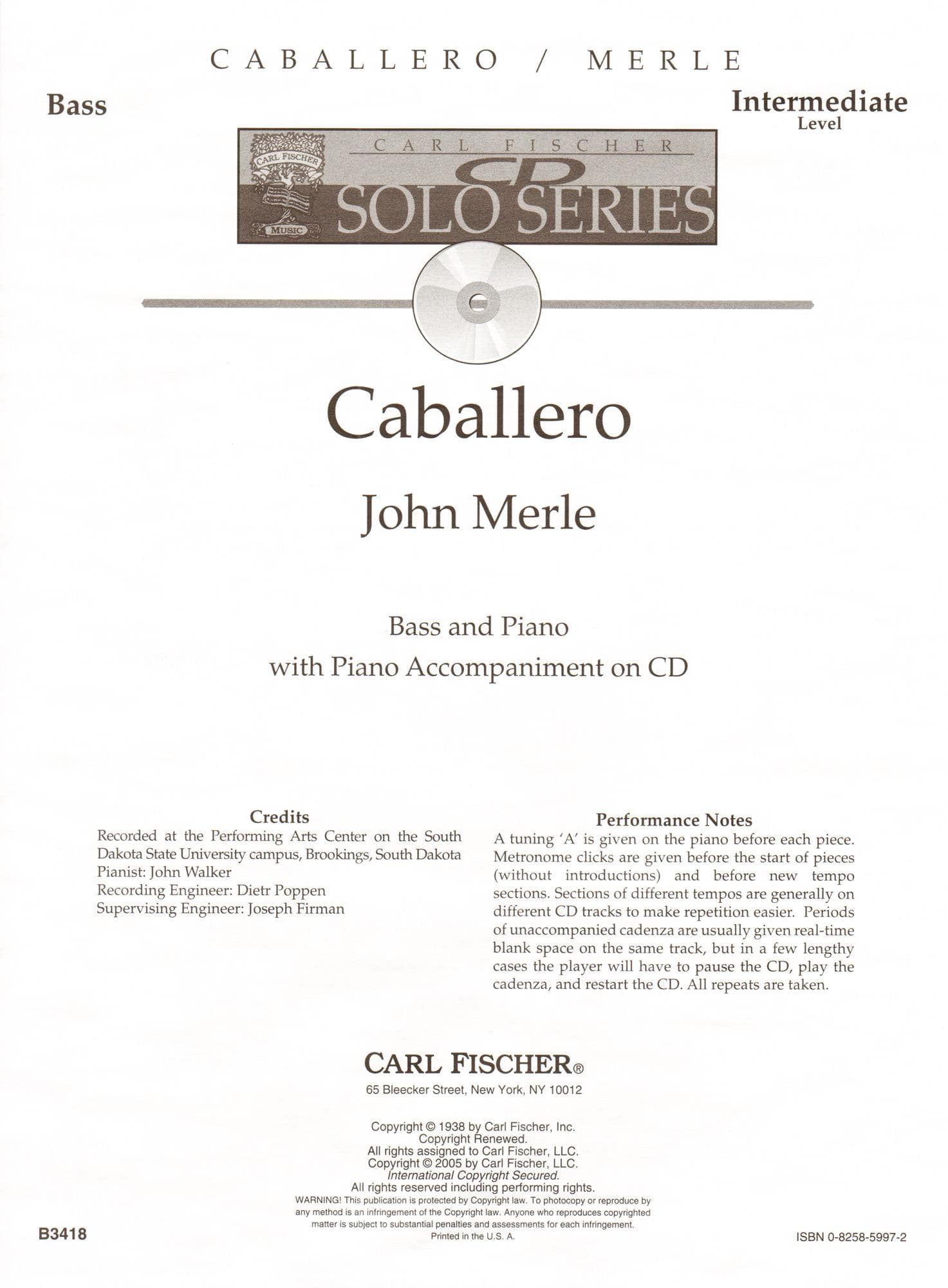 Merle, John - Caballero - Bass and Piano - Book/CD set - Carl Fischer Edition