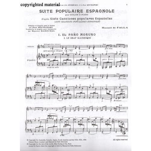 Falla, Manuel de - Suite of Spanish Folksongs (Suite Populaire Espagnole) - Violin and Piano - arranged by Paul Kochanski - Chester Music Edition
