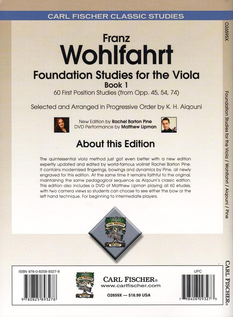 Wohlfahrt, Franz - Foundation Studies for the Viola, Book 1: 42 Studies (from Opp 45, 54, and 74) - edited by Rachel Barton Pine - Carl Fischer