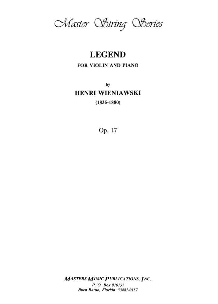 Wieniawski, Henryk - Legende, Op 17 - for Violin and Piano - Masters Music Publications