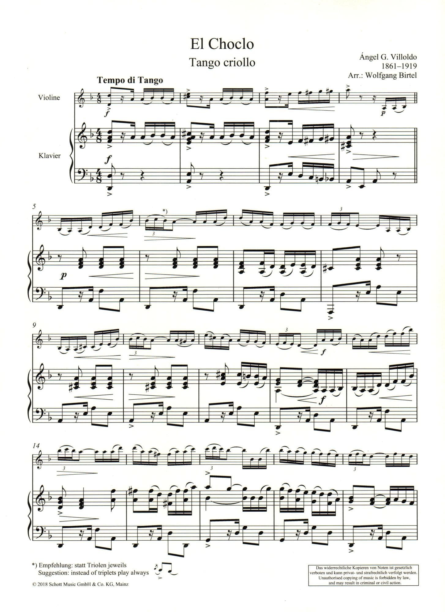 Villoldo, Angel - El Choclo (Tango Criollo) - for Violin and Piano - arranged by Woldgang Birtel - Schott
