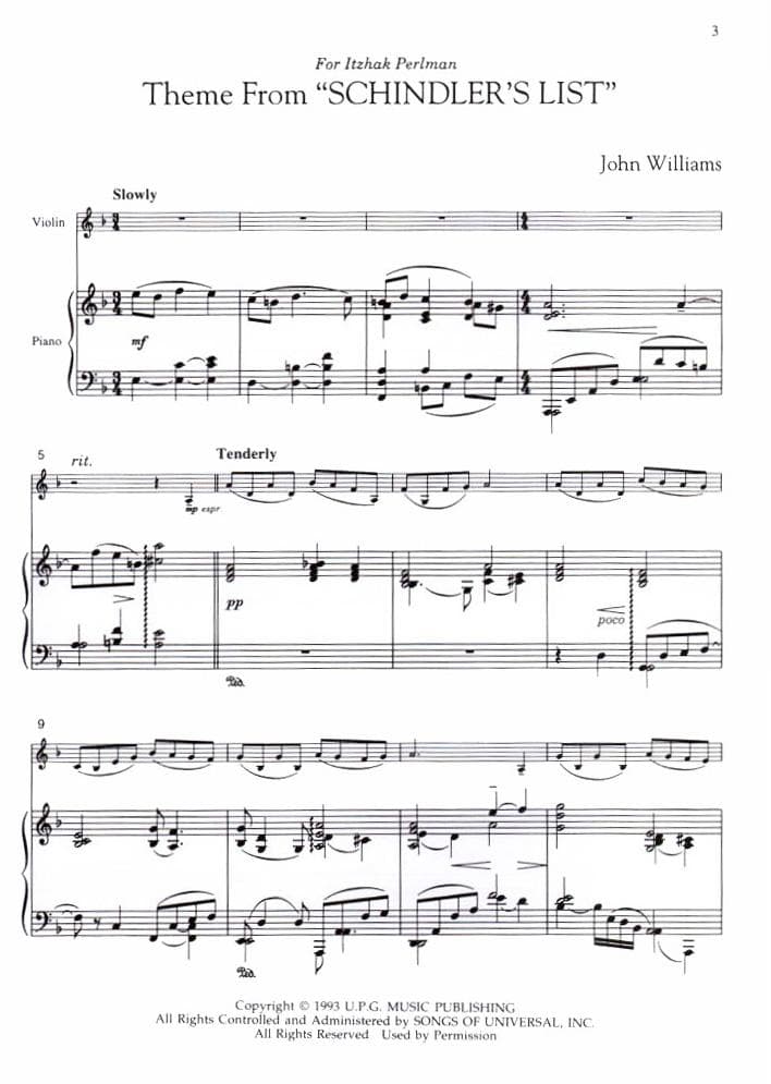 Williams, John - Schindler's List - for Violin and Piano - Hal Leonard