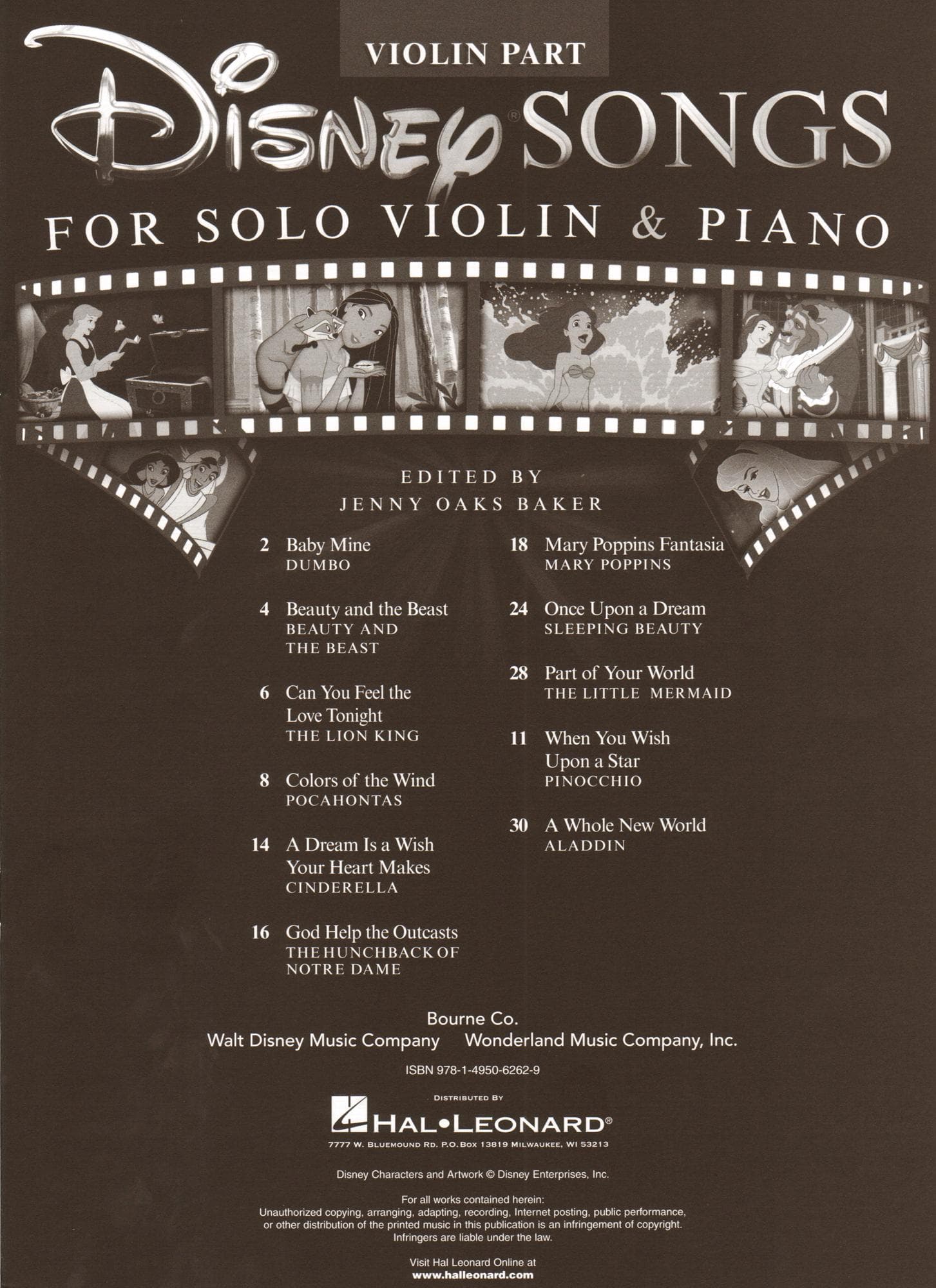 Disney Songs - for Solo Violin & Piano - 11 Arrangements - Hal Leonard Publications