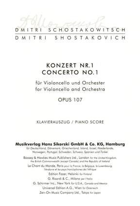 Shostakovich, Dmitri - Concerto No 1 in E flat Op 107 For Cello and Piano Published by Sikorski