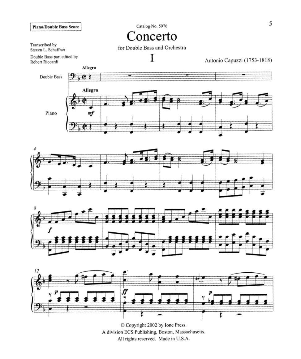 Capuzzi, Antonio - Concerto in F for Double Bass - Edited by Schaffner and Riccardi - ECS Publishing