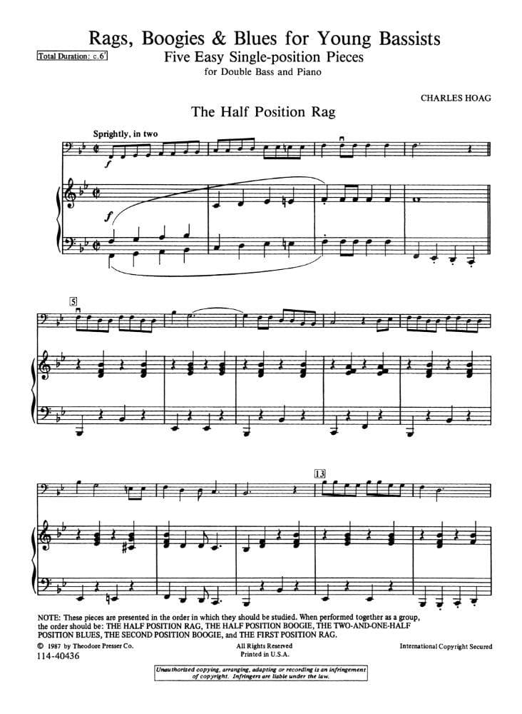 Hoag, Charles K - Rags, Boogies & Blues for Young Bassists: Five Easy Single-Position Pieces - Bass and Piano - Theodore Presser Co
