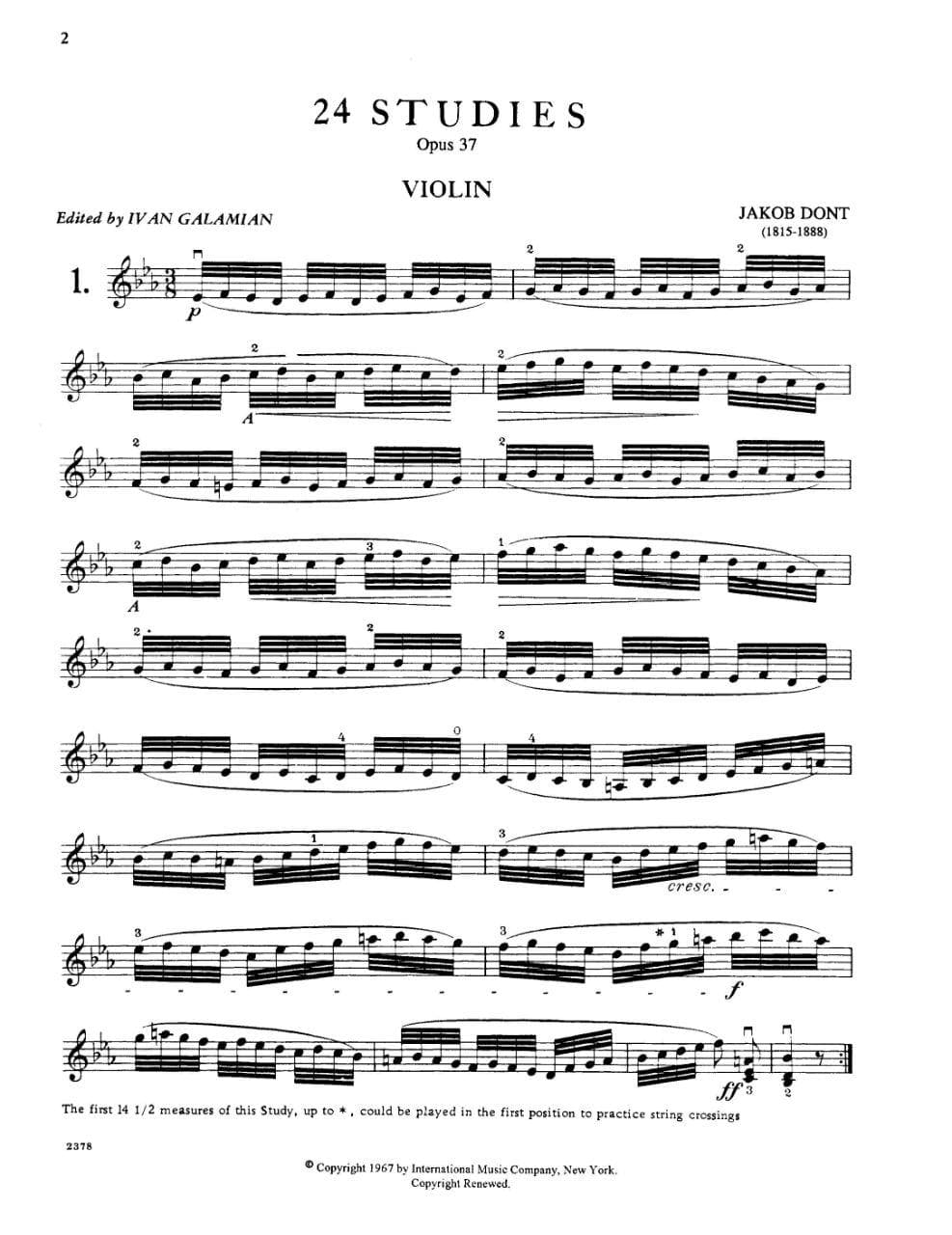 Dont, Jakob - 24 Studies, Op 37: Preparatory to Kreutzer and Rode Studies - Violin solo - edited by Ivan Galamian - International Edition