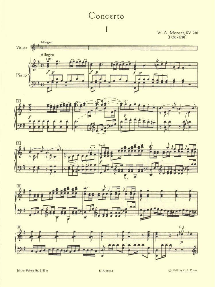 Mozart, WA - Concerto No 3 in G Major, K 216 - Violin and Piano - edited by David Oistrakh - Edition Peters