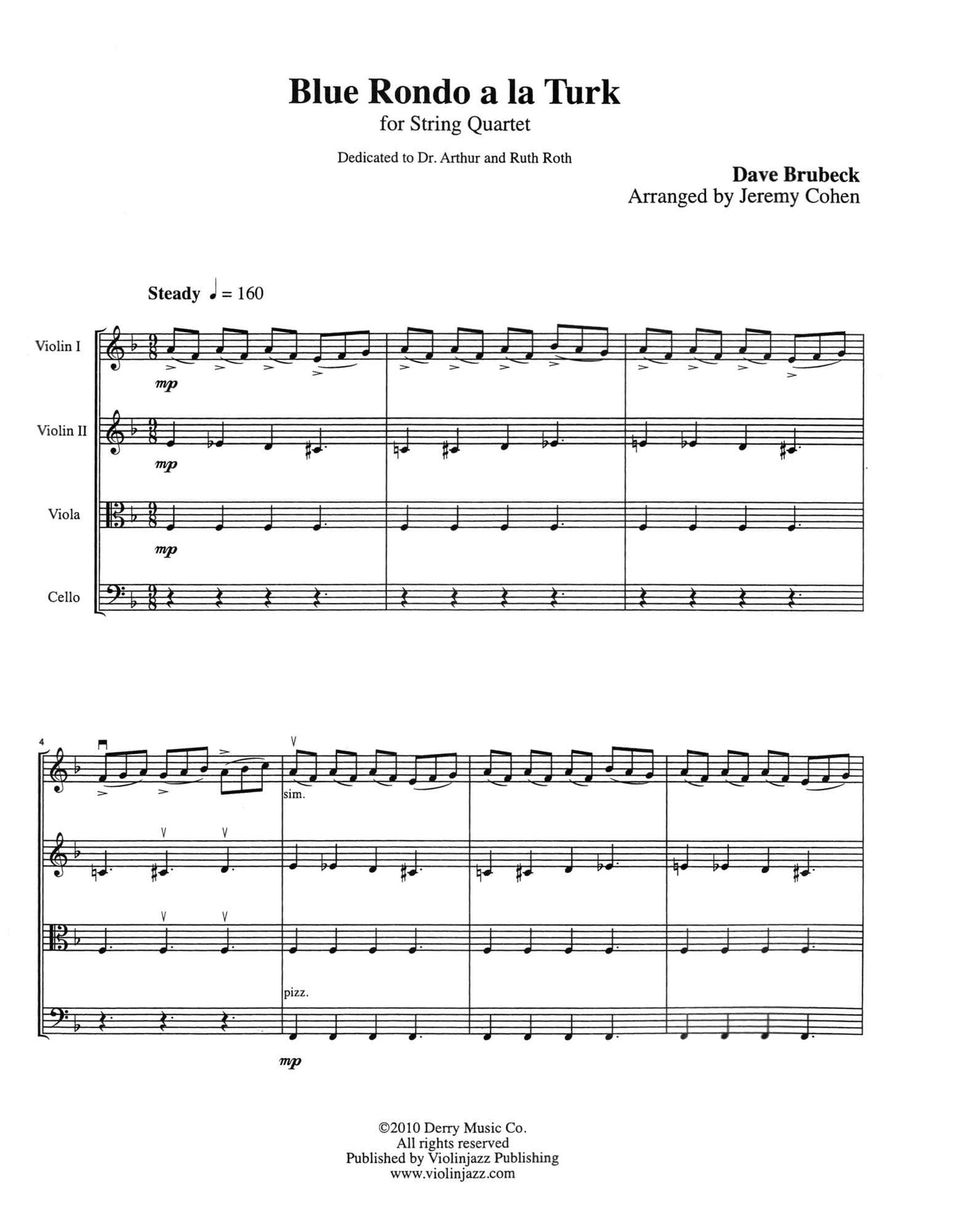 Brubeck, Dave - Blue Rondo a la Turk and Strange Meadowlark - Dave Brubeck Collection - for String Quartet - arranged by Jeremy Cohen - Violinjazz Editions