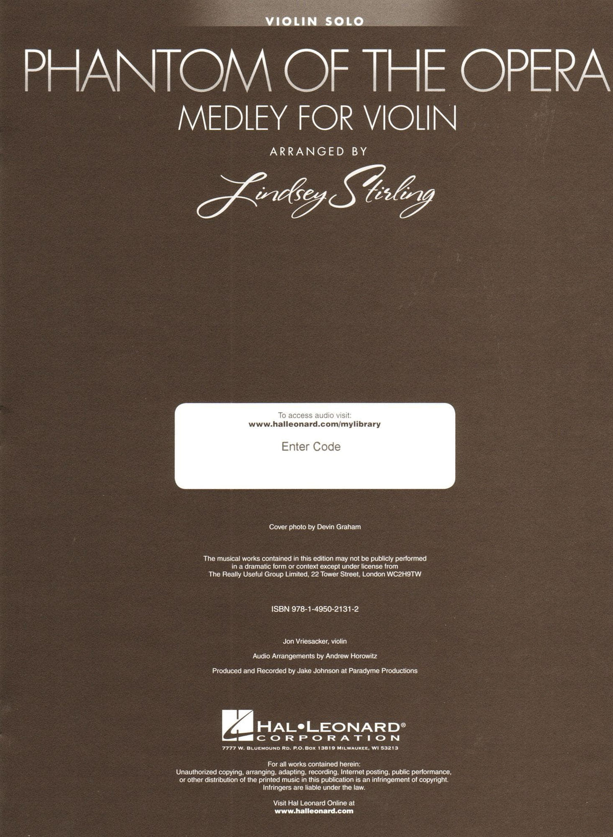 Phantom Of The Opera - Medley for Violin with Audio Accompaniment - arranged by Lindsey Stirling - Hal Leonard
