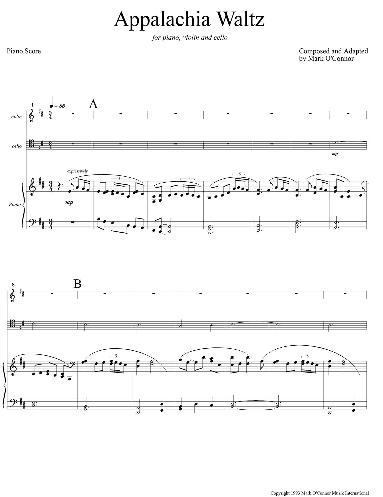 O'Connor, Mark - Appalachia Waltz for Piano, Violin, and Cello - Piano Score - Digital Download