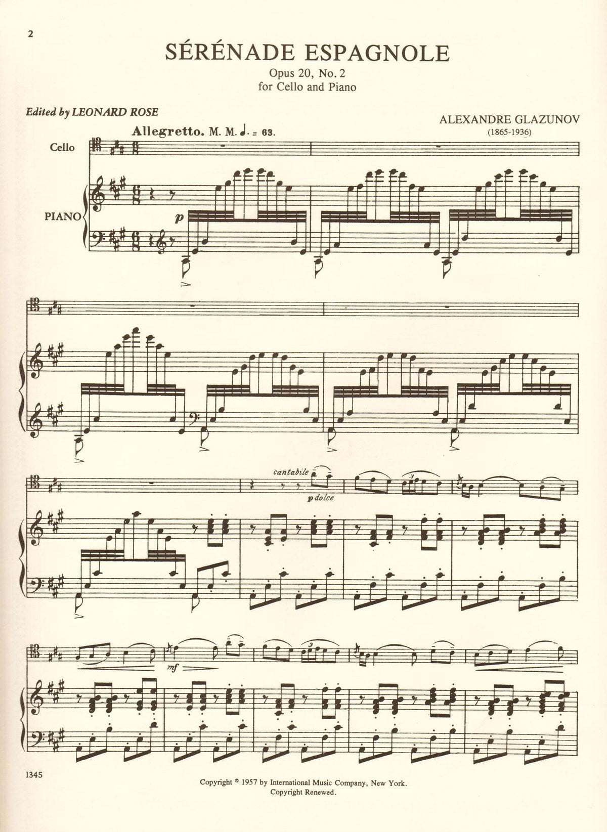 Glazunov, Alexander - Serenade Espagnole, Op 20, No 2 - Cello and Piano - edited by Leonard Rose - International Edition