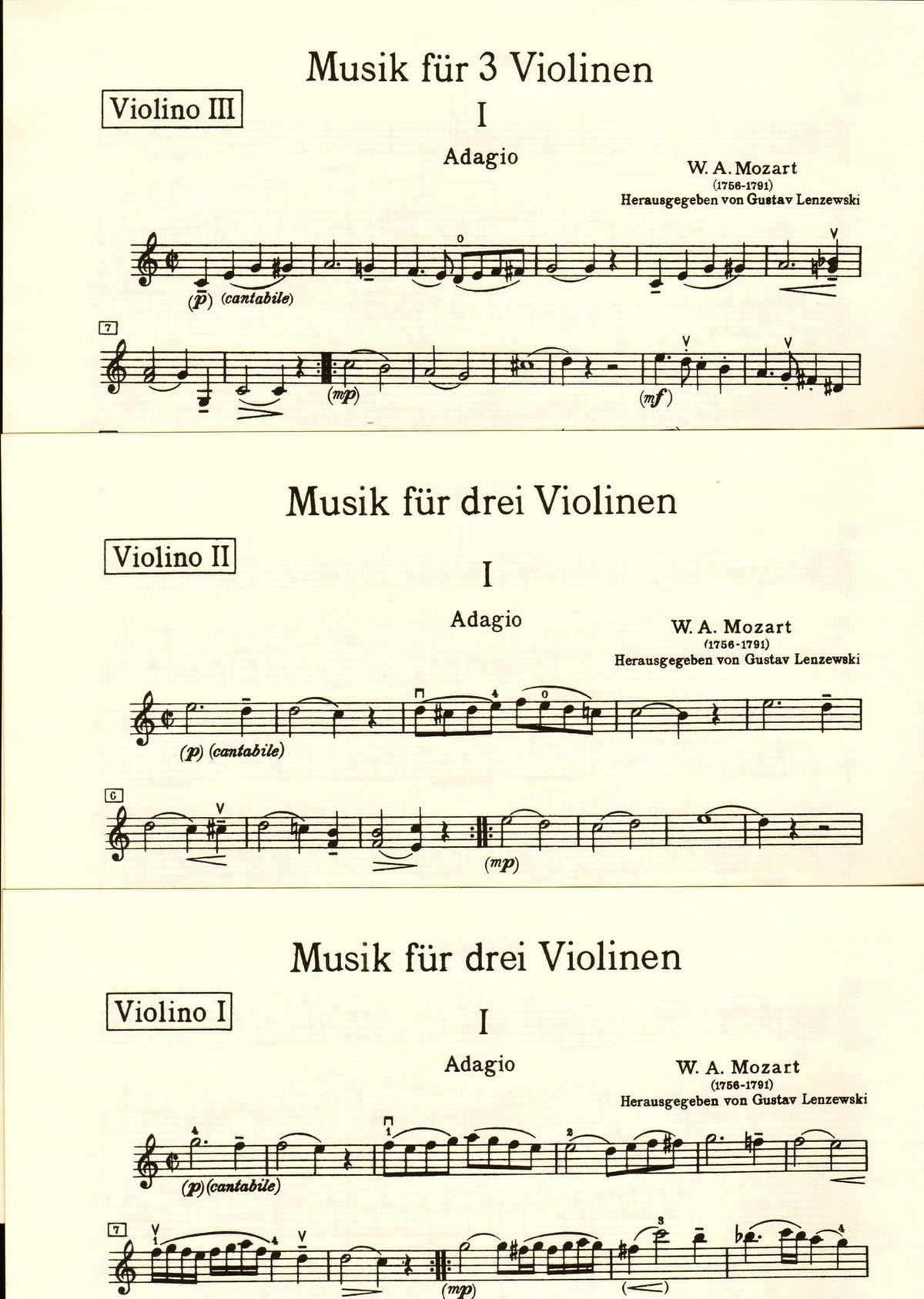 Mozart, WA - Adagio, K 356, Minuet and Rondo, K 439b - Three Violins - edited by Lenzeroski - Edition Peters