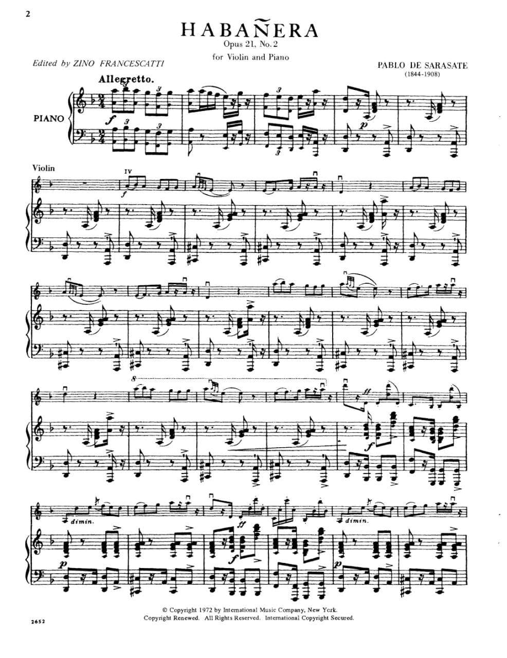 Sarasate, Pablo - Habanera Op 21 No 2 For Violin and Piano Published by International Music Company