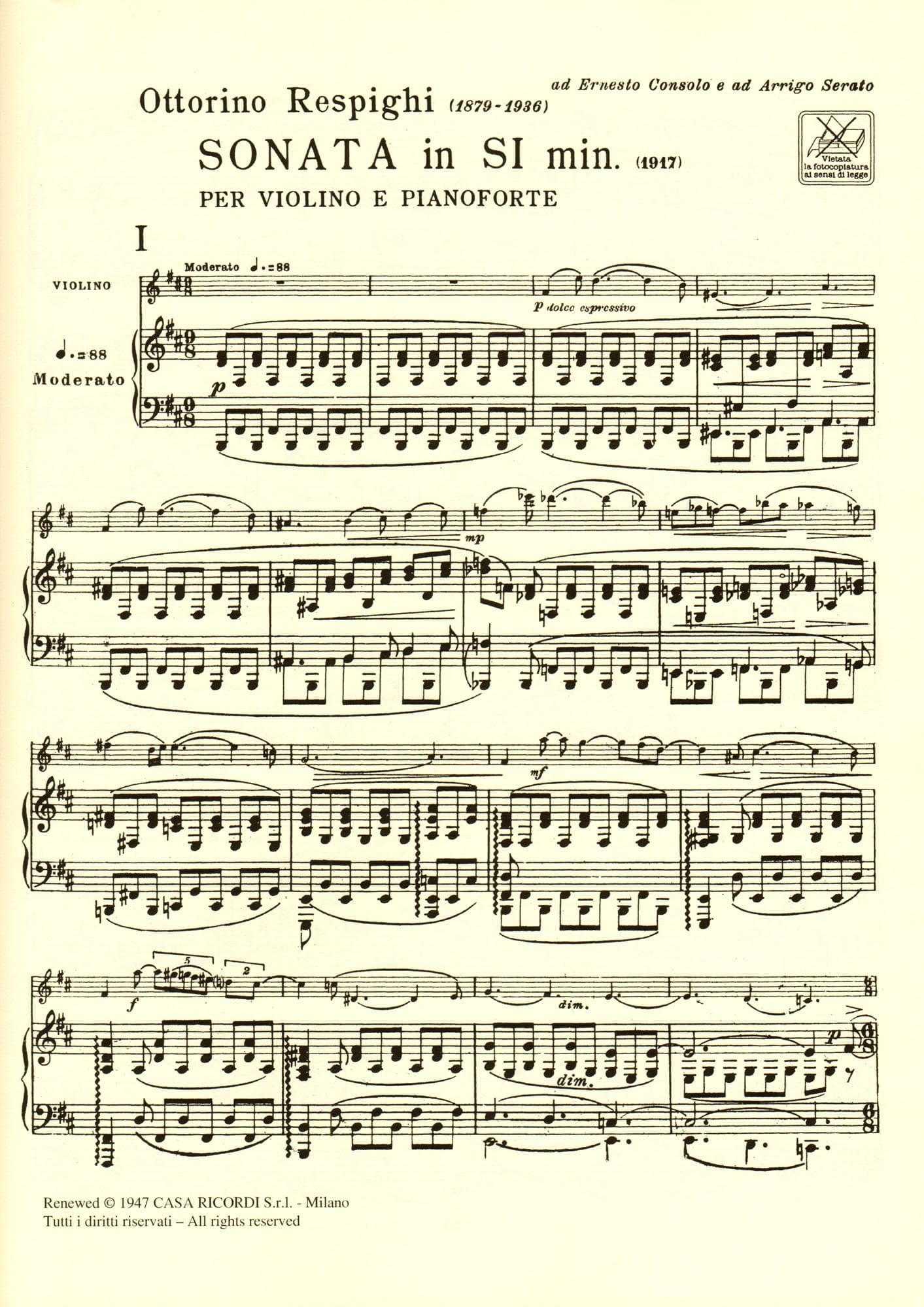 Respighi - Sonata In B Minor For Violin and Piano Published by Ricordi