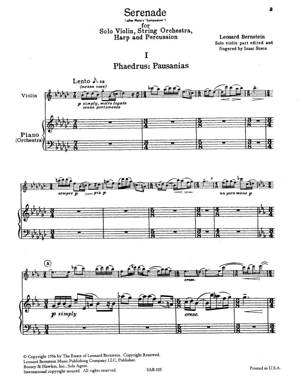 Bernstein, Leonard - Serenade (after Plato's "Symposium") for Violin and Piano - Edited by Stern - Boosey & Hawkes Edition