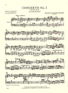Mozart, WA - Concerto No 2 In D Major, K 211 - Violin and Piano - edited by Zino Francescatti - International Music Company