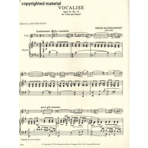 Rachmaninoff - Vocalise Op 34 No 14 For Viola Edited by Davis Published by International Music Company