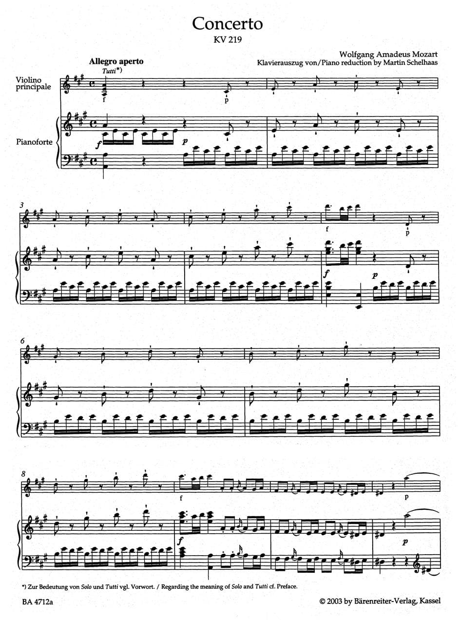 Mozart, WA - Concerto No 5 in A Major, K 219 - Violin and Piano - edited by Christoph Hellmut Mahling - Barenreiter Verlag URTEXT