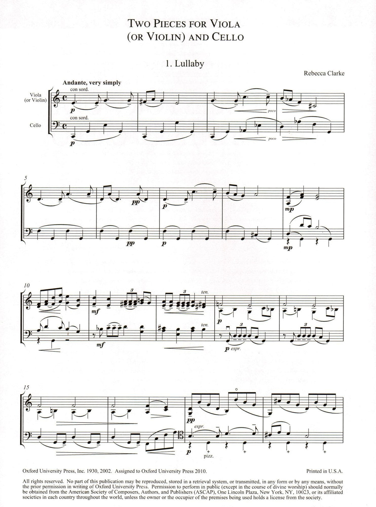 Clarke, Rebecca - 2 Pieces for Viola (or Violin) and Cello - Oxford Chamber Music Publication