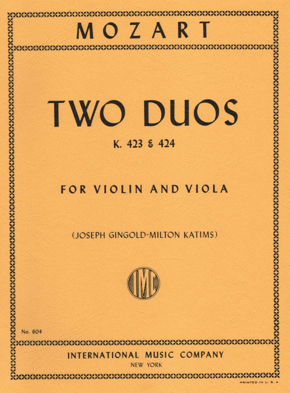 Mozart, WA - Two Duos, K 423 and 424 - Violin and Viola - edited by Josef Gingold and Milton Katims - International Music Co