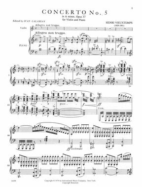 Vieuxtemps, Henri - Violin Concerto No 5 in A Minor, Op 37 - Violin and Piano - edited by Galamian - International Music Company