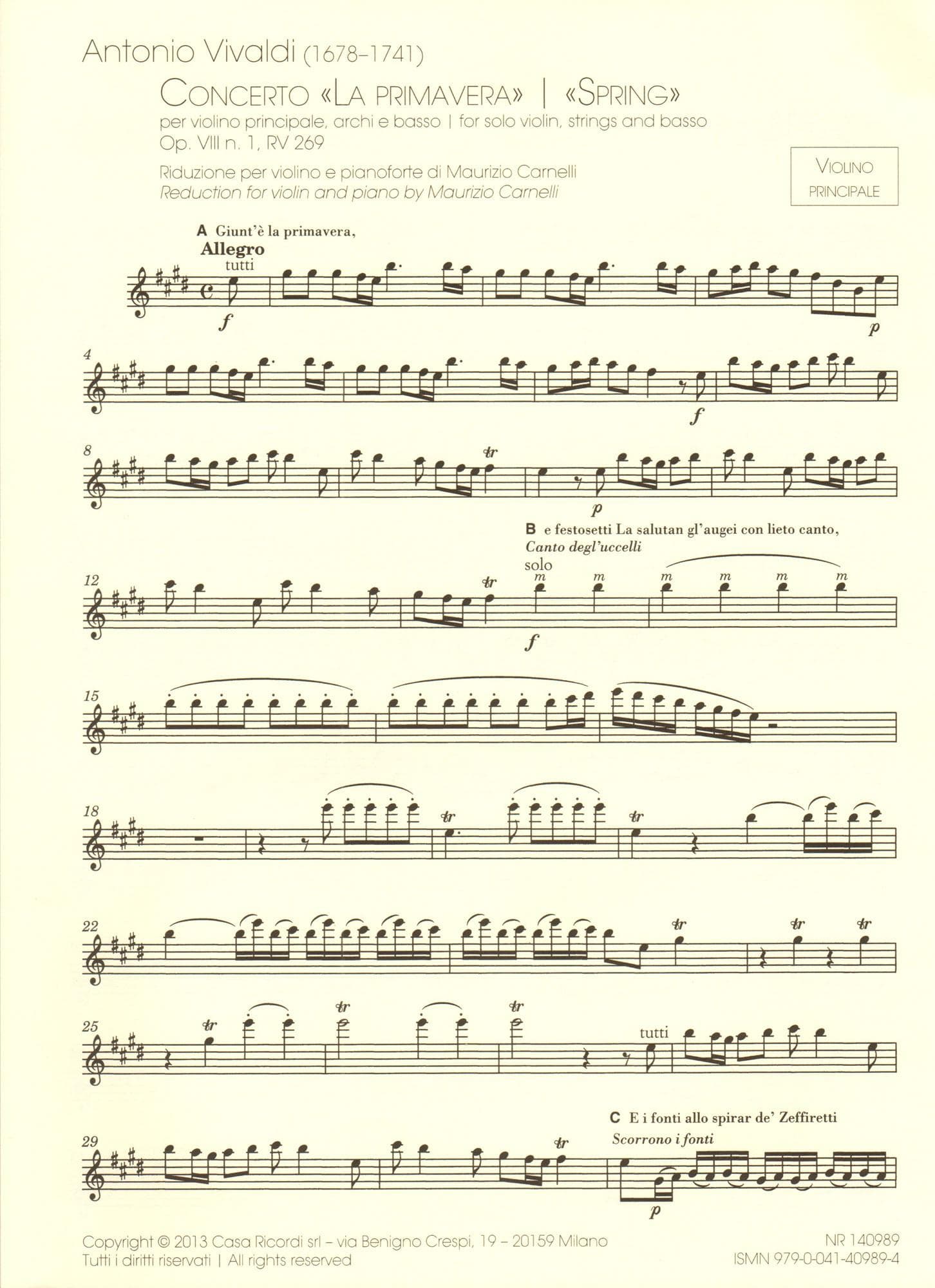 Vivaldi, Antonio - The Four Seasons (Complete) - for Violin and Piano - reduction by Maurizio Carnelli - Ricordi