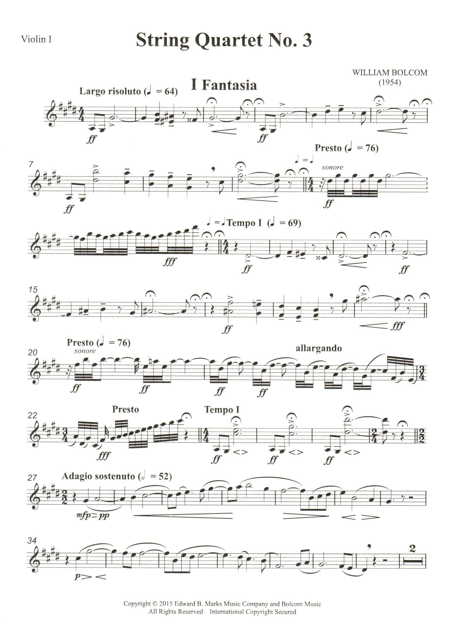 Bolcom, William - String Quartet No. 3 - Score and Parts - Edward B. Marks Music Company