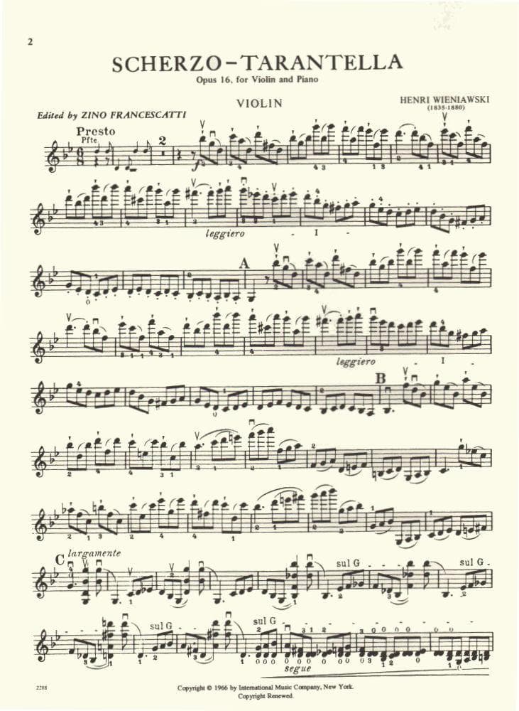 Wieniawski, Henryk - Scherzo-Tarantella, Op 16 - for Violin and Piano - edited by Francescatti - International Music Company