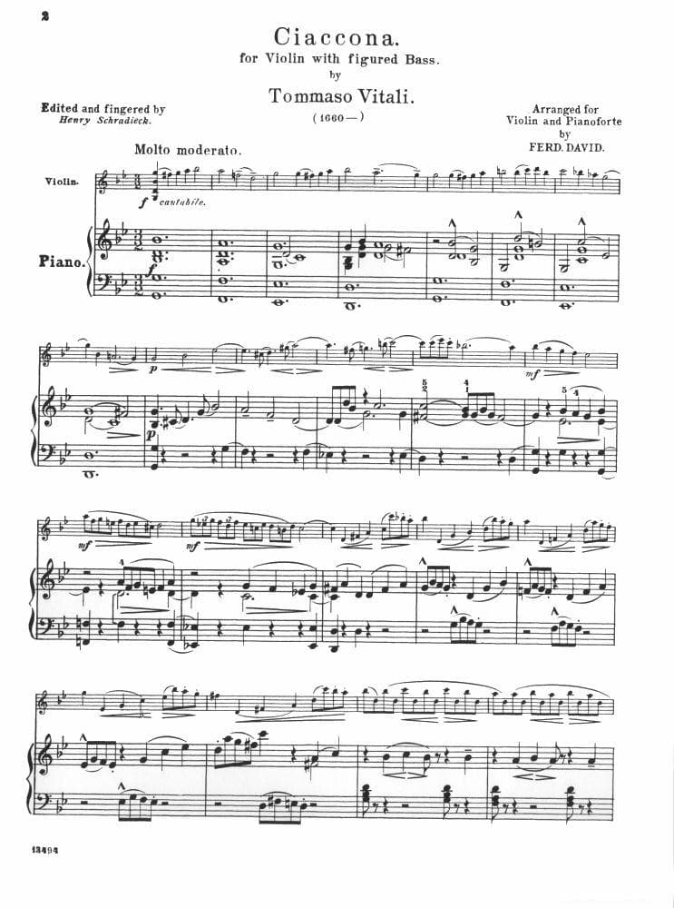 Vitali, Tomaso - Chaconne in G Minor - Violin and Piano - arranged by Ferdinand David - Schirmer