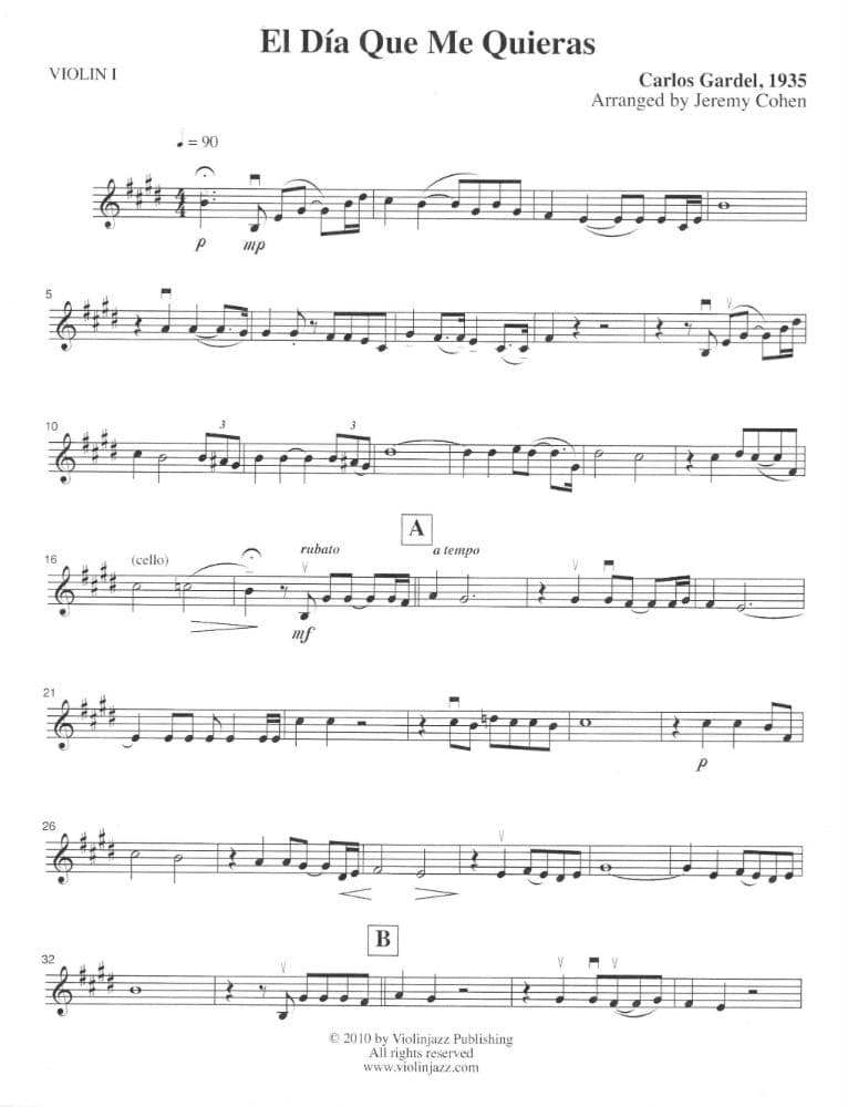 Gardel, Carlos - El Dia Que Me Quieras - String Quartet - arranged by Jeremy Cohen - Violinjazz Editions