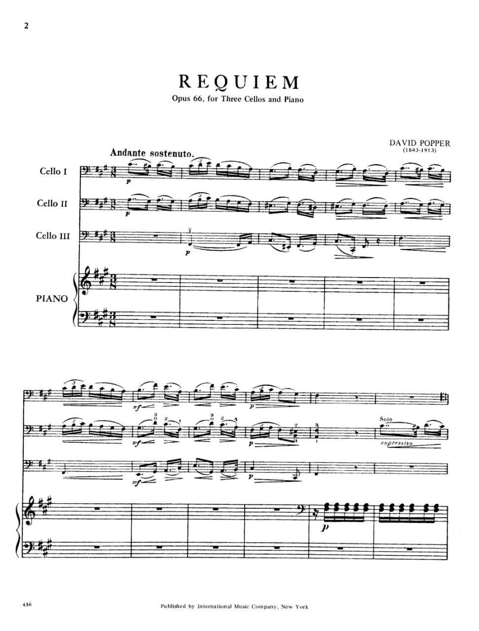 Popper, David - Requiem Op 66 For Three Cellos and Piano Published by International Music Company