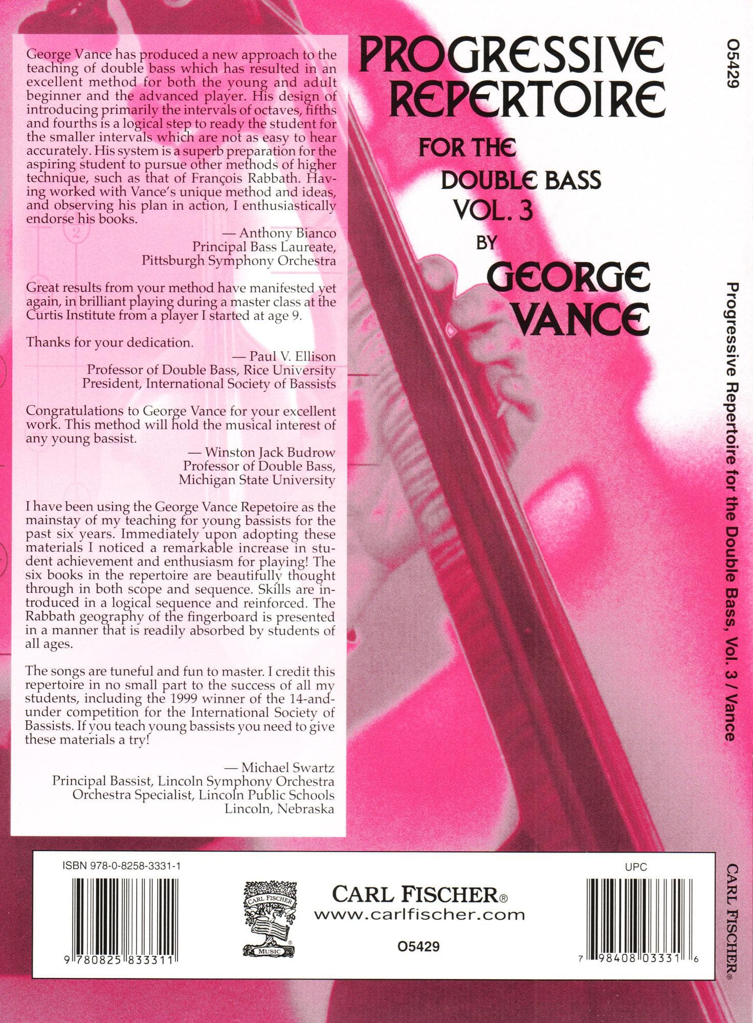 Progressive Repertoire for the Double Bass - Volume 3 Bass Book - by George Vance - Published by Carl Fischer