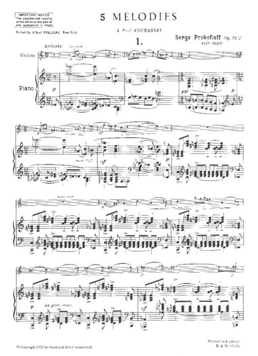 Prokofiev, Serge - Five Melodies, Op 35 - Violin and Piano - published by Boosey & Hawkes