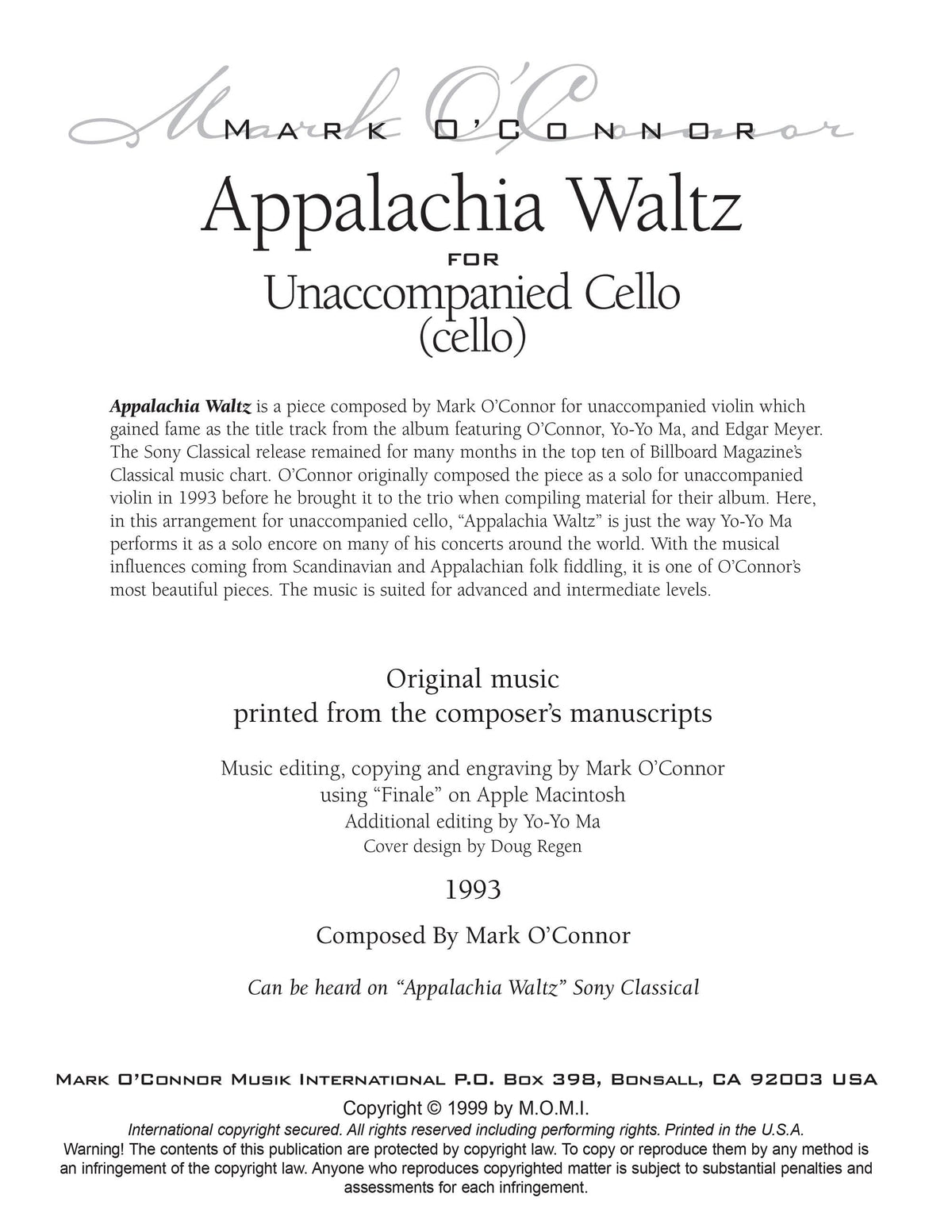 O'Connor, Mark - Appalachia Waltz Unaccompanied Score - Cello - Digital Download