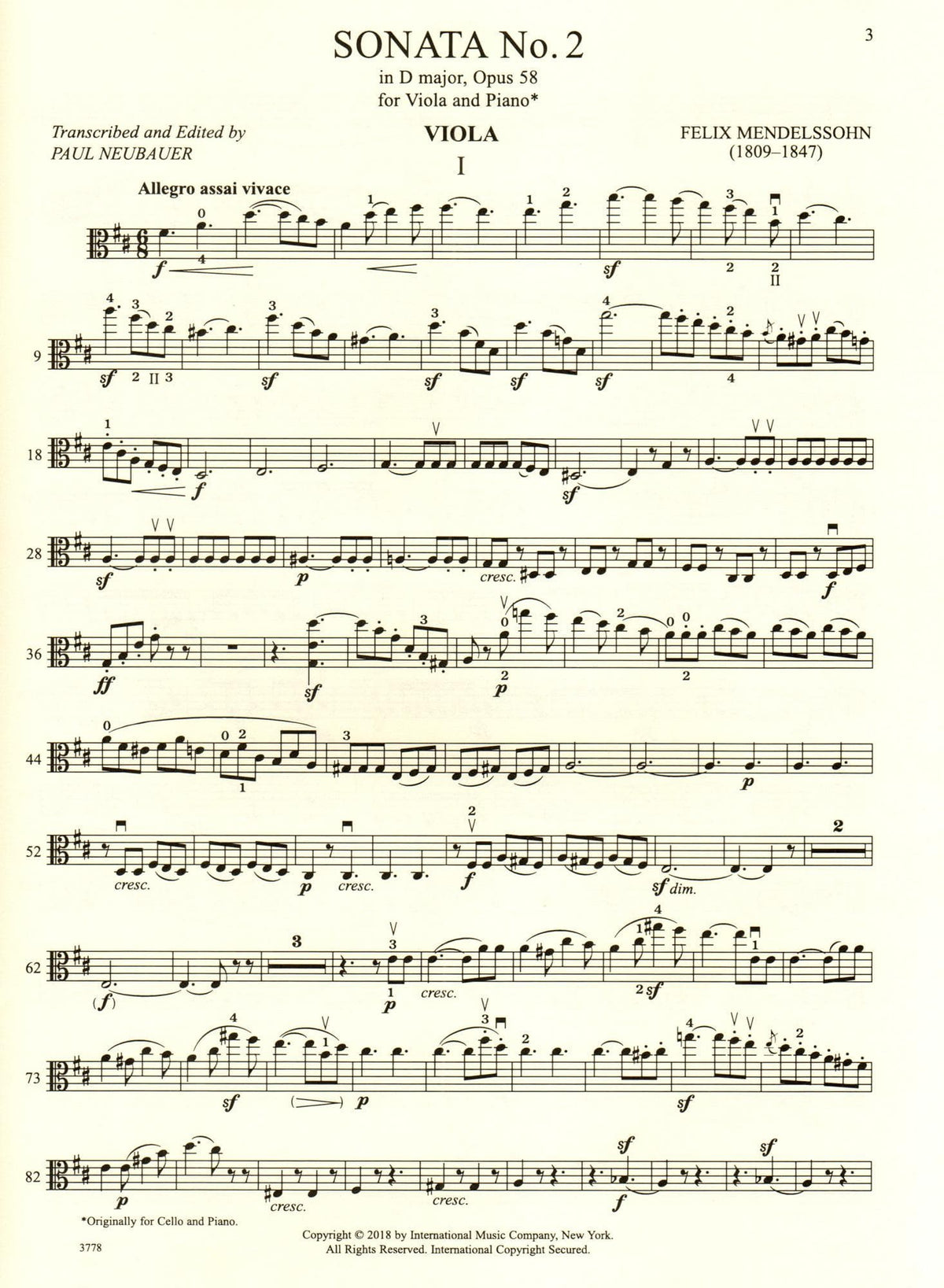 Mendelssohn, Felix - Sonata No. 2 in D major, Op 58 - Viola and Piano - edited by Paul Neubauer - International